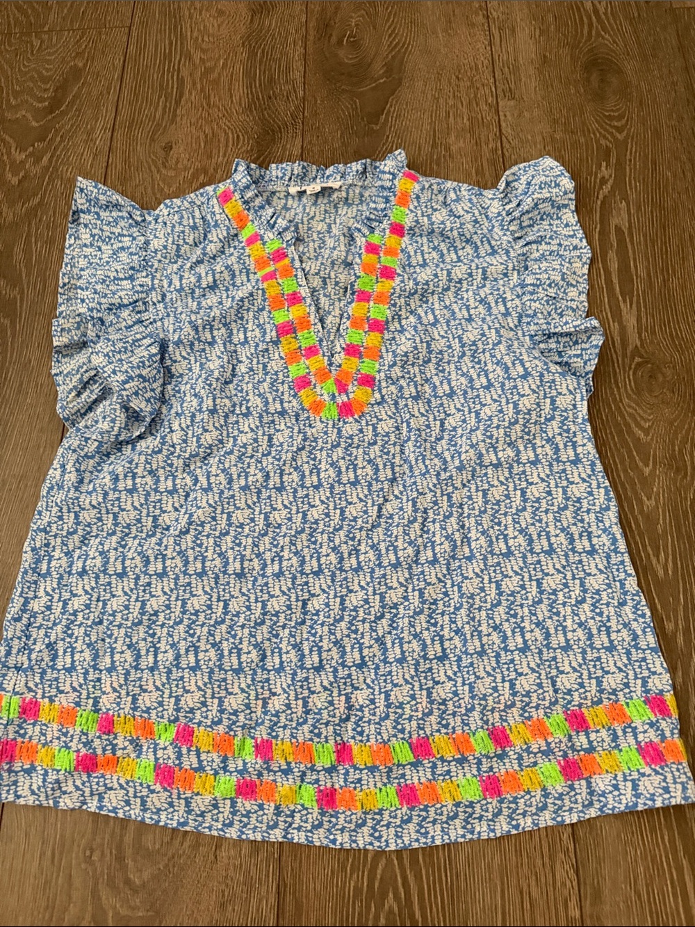 THML Blue Patterned V-Neck Top with Neon Tassel Trim